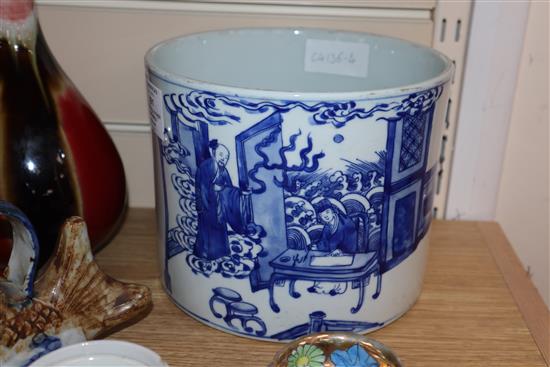 A quantity of Chinese and other porcelain including tea bowls, a bottle vase and a large blue and white brush pot